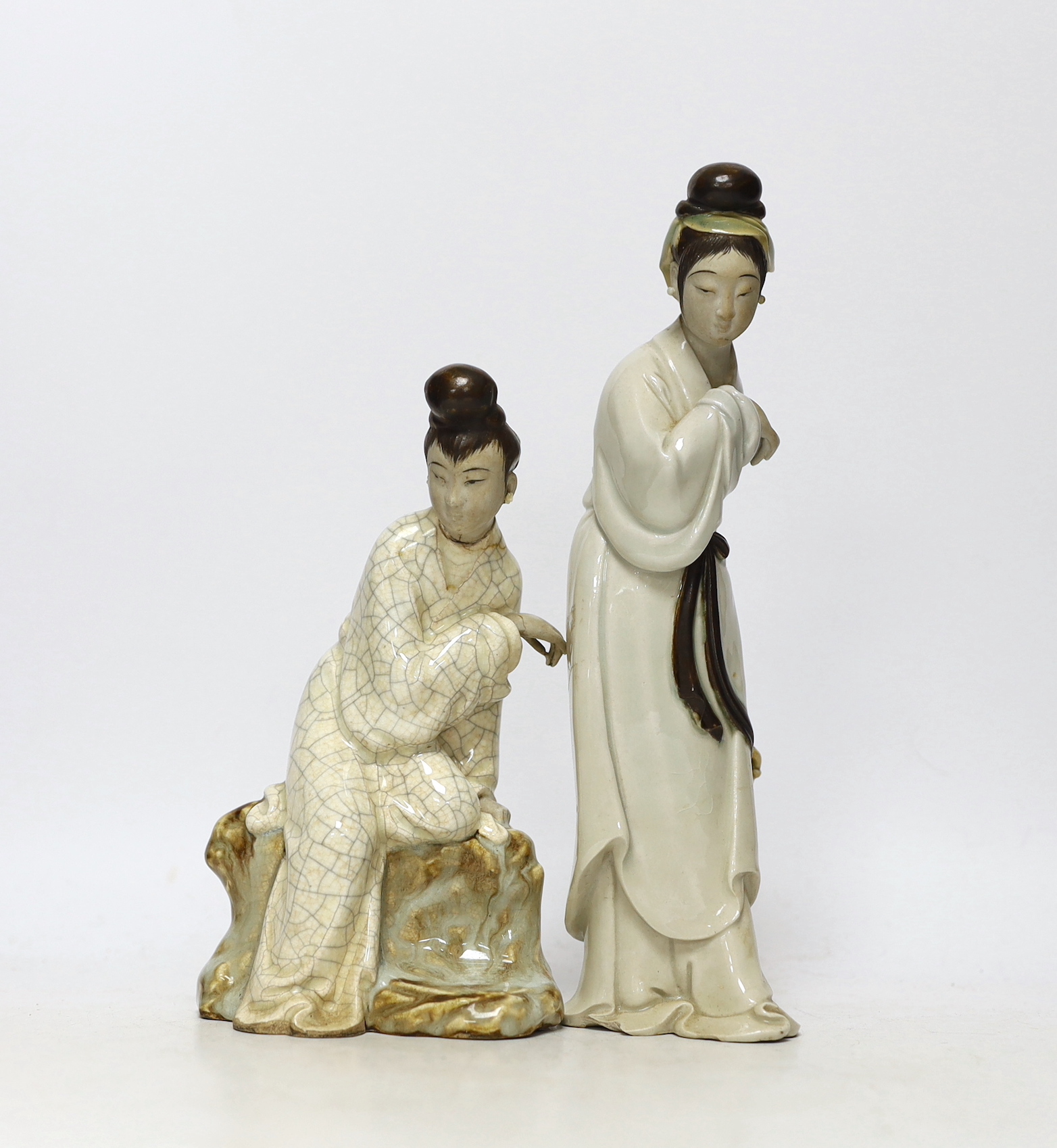 Two Chinese stoneware figures of maidens, 25cm (a.f.)